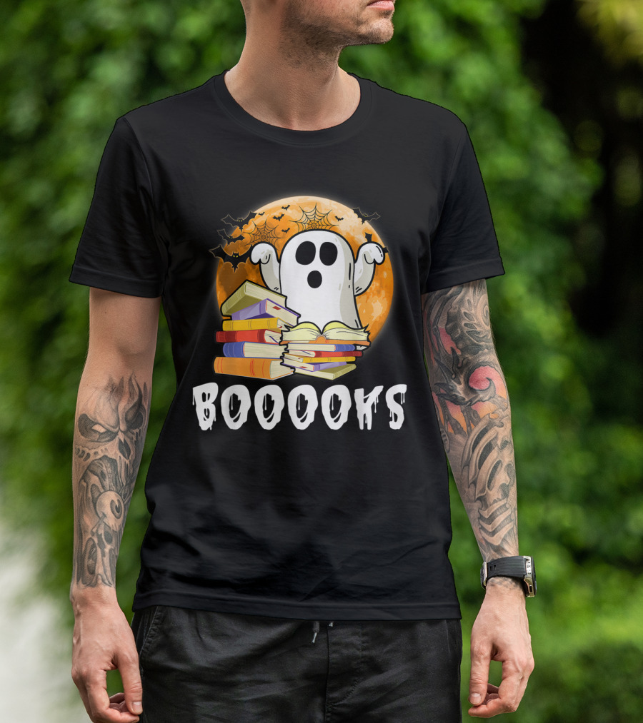Booooks Adorable Ghost Reading Books With Pumpkins And Bats T-Shirt