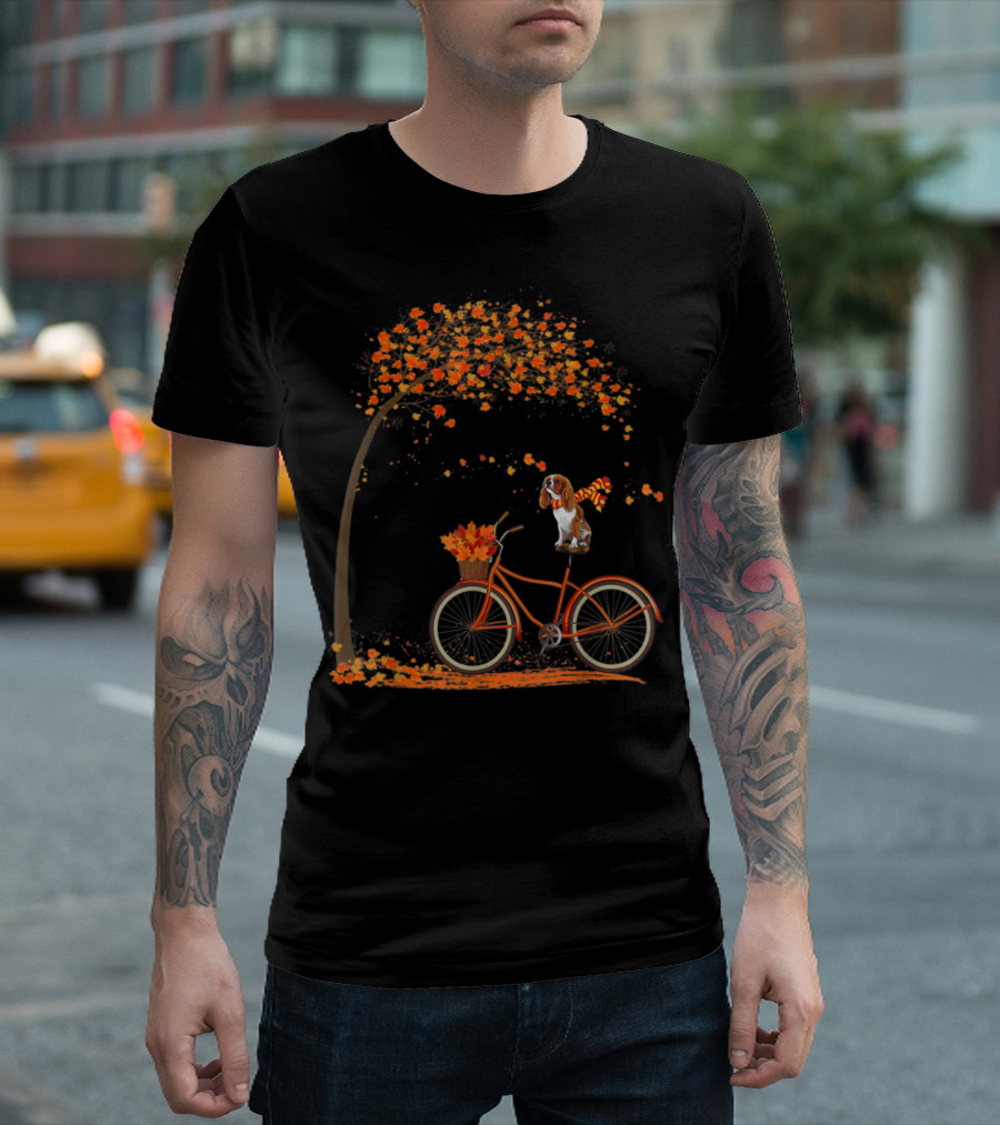 Cavalier King Charles Spaniel Riding Bicycle Under Fall Tree T-Shirt