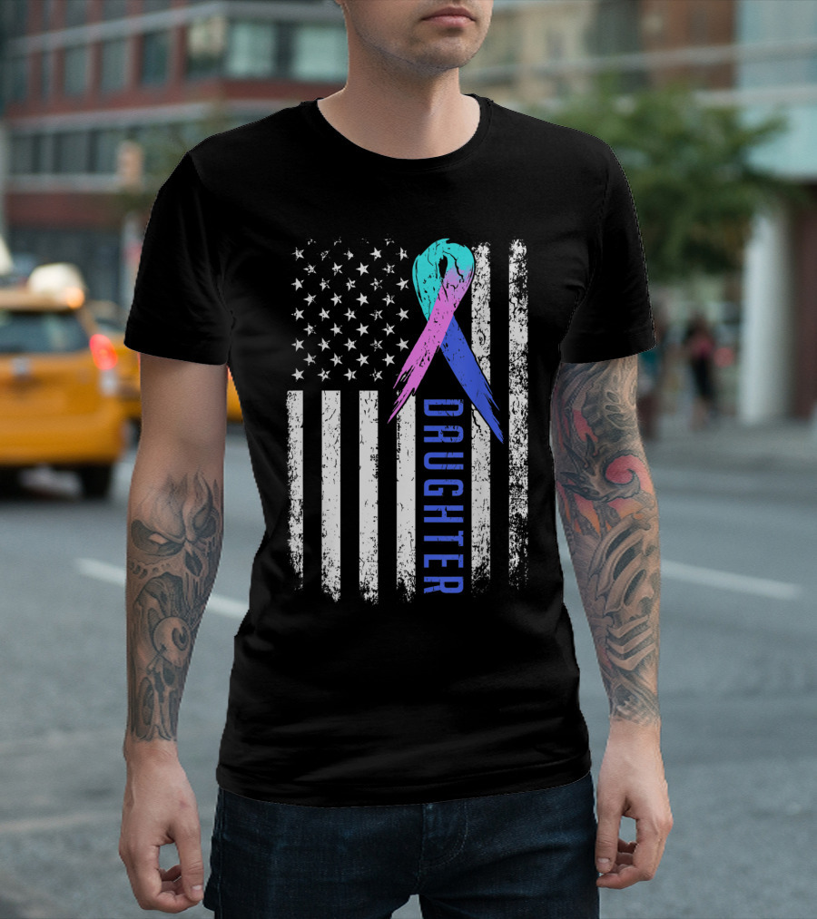 Daughter Thyroid Cancer Awareness Ribbon American Flag T-Shirt