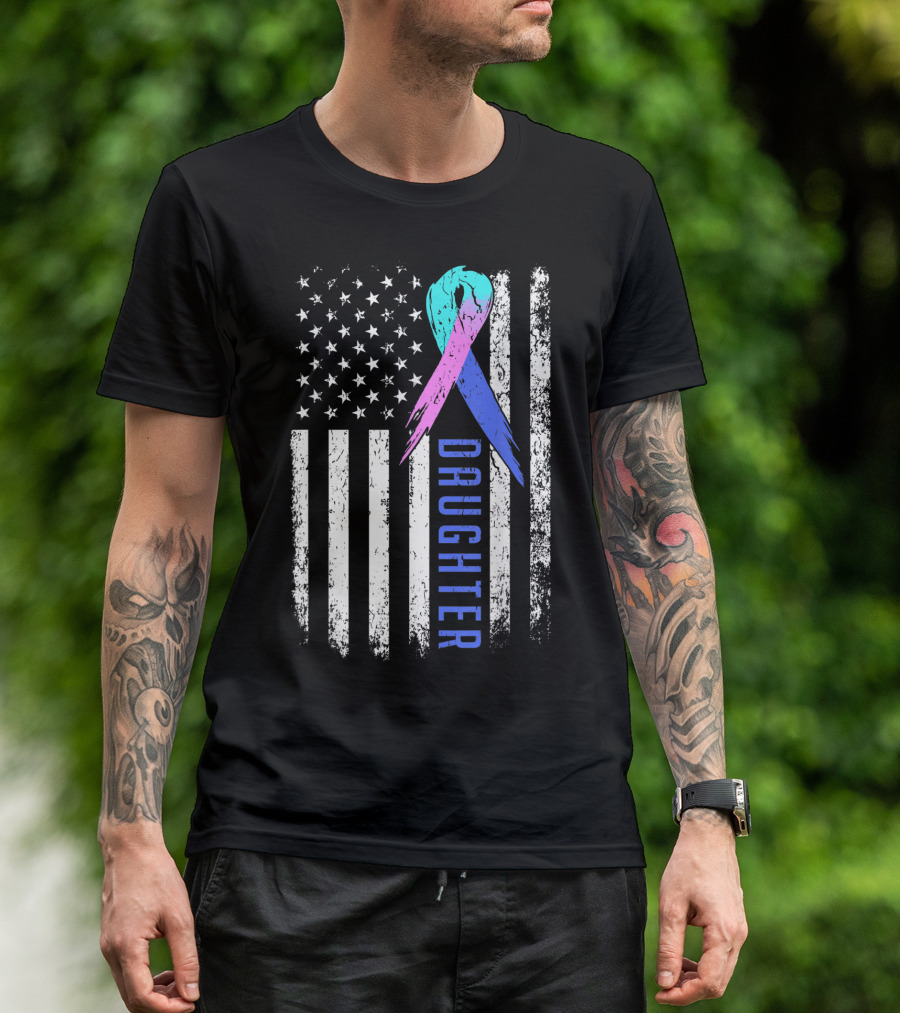 Daughter Thyroid Cancer Awareness Ribbon American Flag T-Shirt