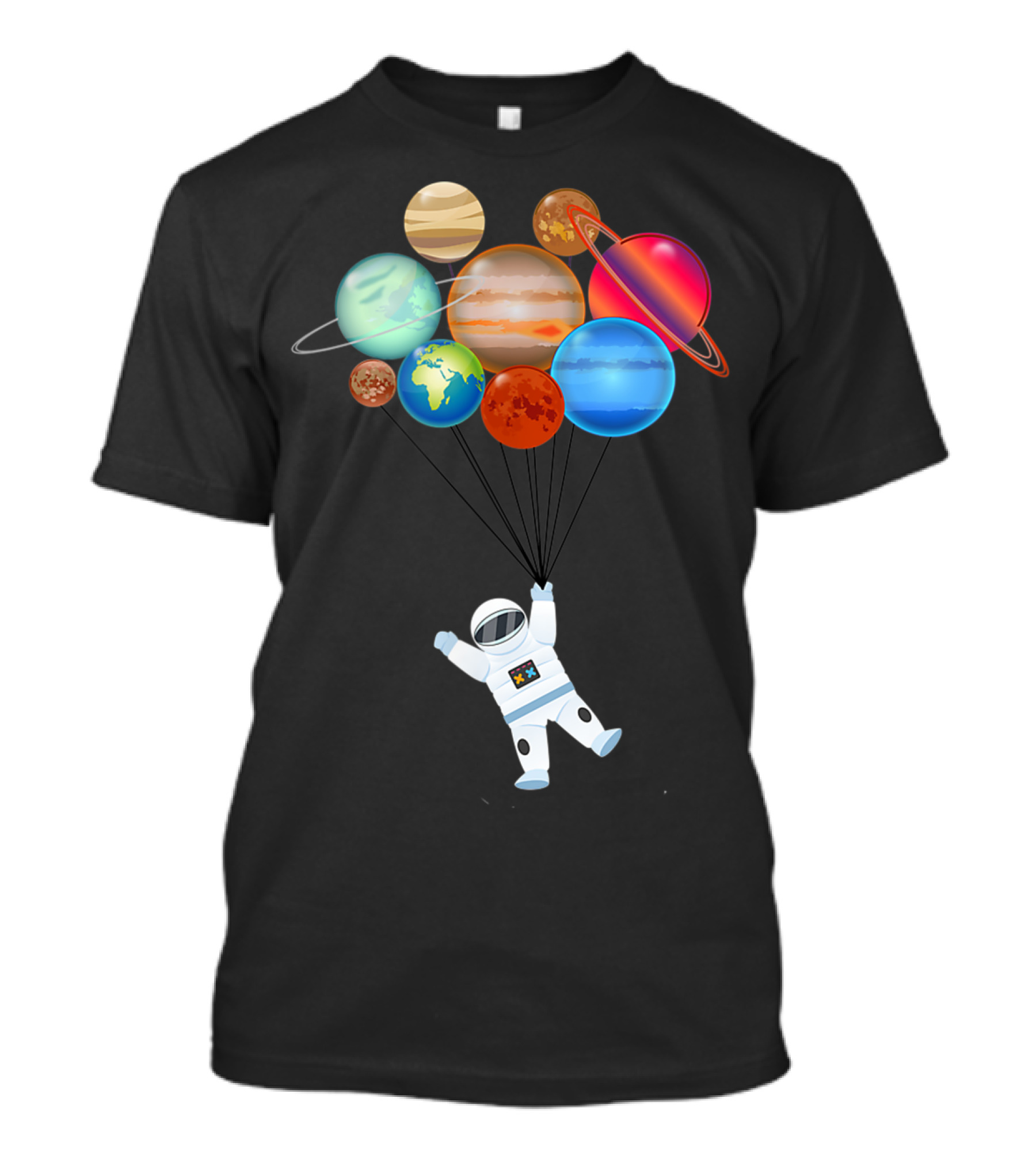 Funny Astronaut Floating With Planet Balloons In Space Travel Adventure T-Shirt