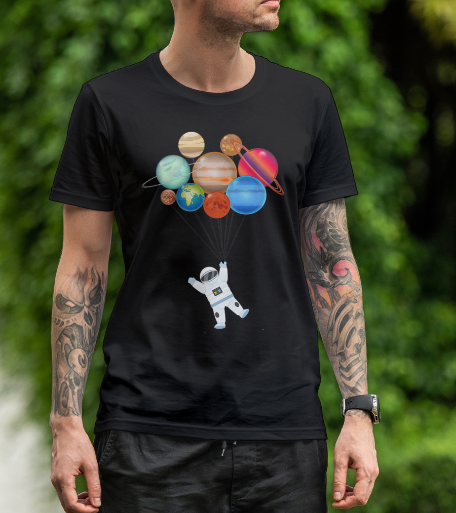 Funny Astronaut Floating With Planet Balloons In Space Travel Adventure T-Shirt