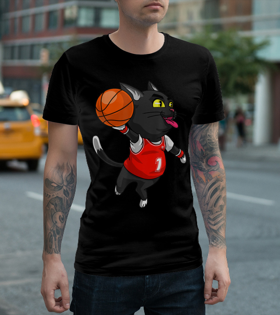 Funny Cat Dunking Basketball In Sports Player Jersey T-Shirt