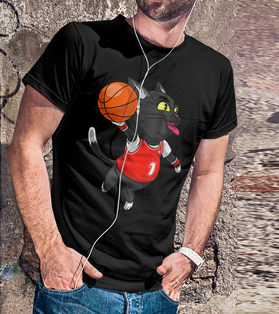 Funny Cat Dunking Basketball In Sports Player Jersey T-Shirt
