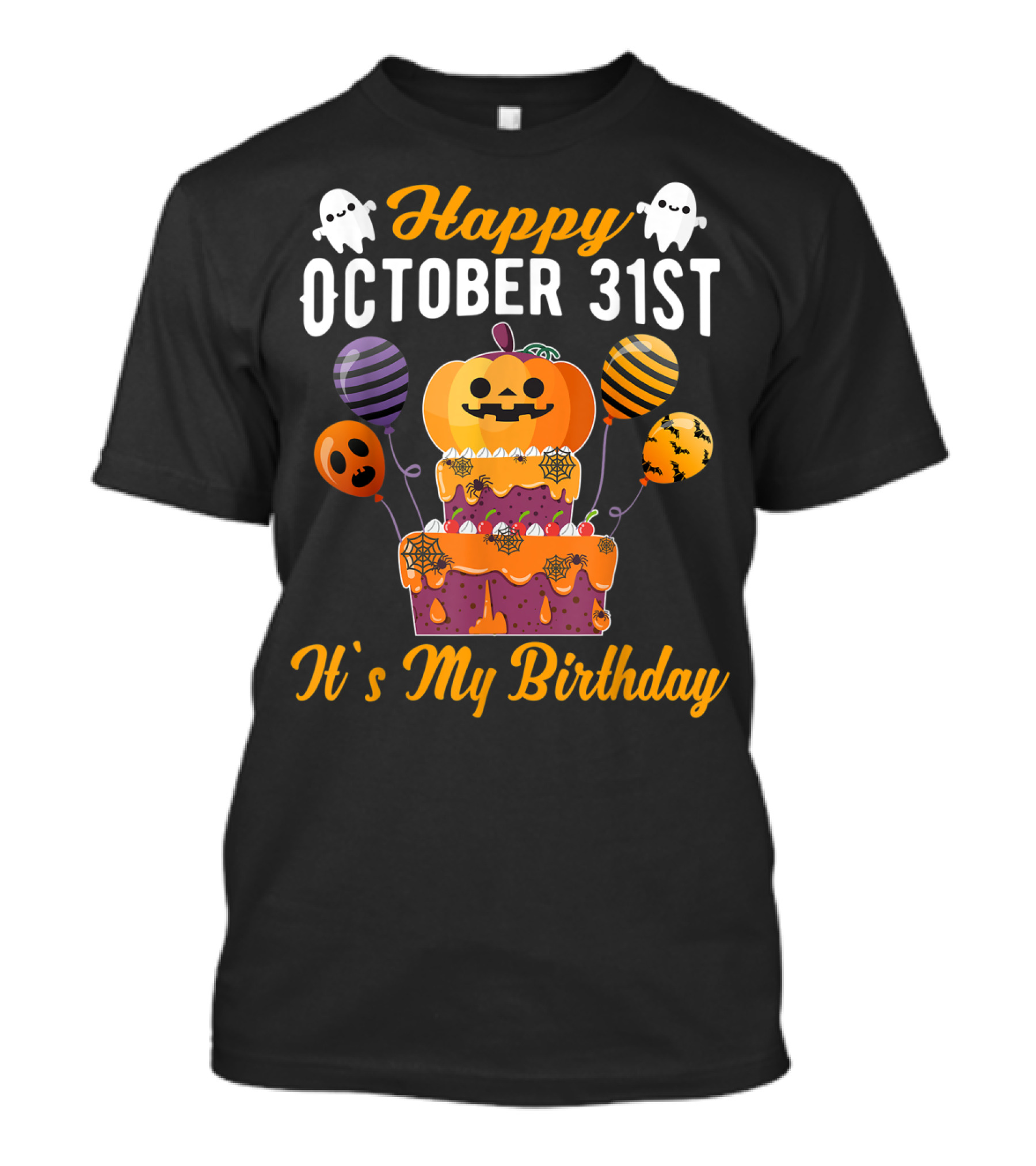 Happy October 31st It's My Birthday Halloween Cake With Ghosts And Pumpkin Balloons T-Shirt