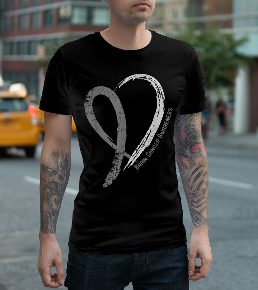 Heart Ribbon Brain Cancer Awareness Gray Support T-Shirt