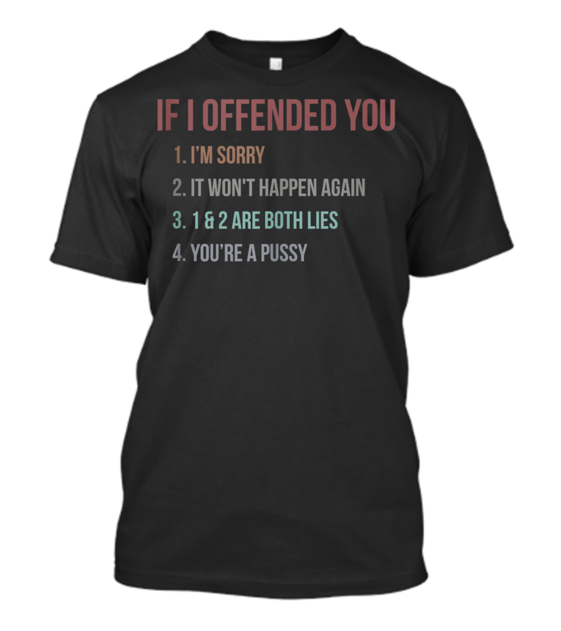 IF I OFFENDED YOU I'M SORRY IT WON'T HAPPEN AGAIN 1 And 2 ARE BOTH LIES YOU'RE A PUSSY T-Shirt