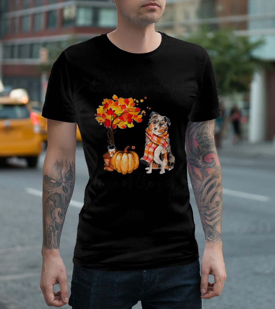 It's the Most Wonderful Time of the Year Aussie Autumn Dog with Leaves and Pumpkin T-Shirt