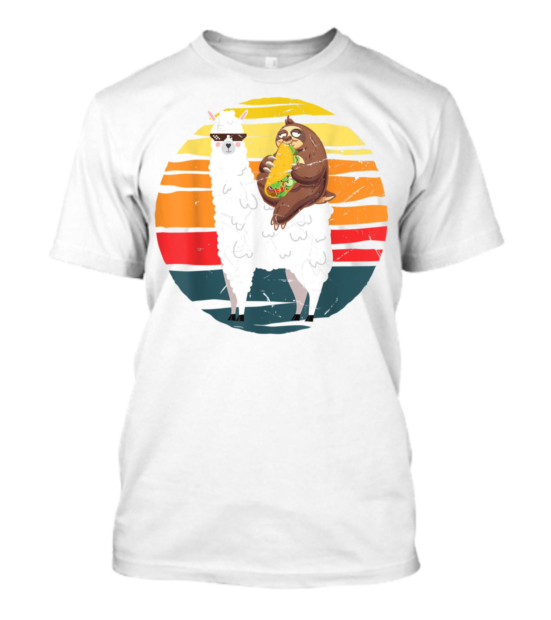Llama And Sloth Enjoying Large Taco In Retro Sunset Stripes T-Shirt