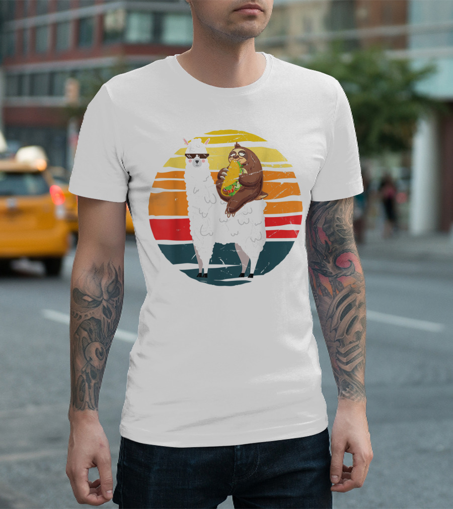 Llama And Sloth Enjoying Large Taco In Retro Sunset Stripes T-Shirt