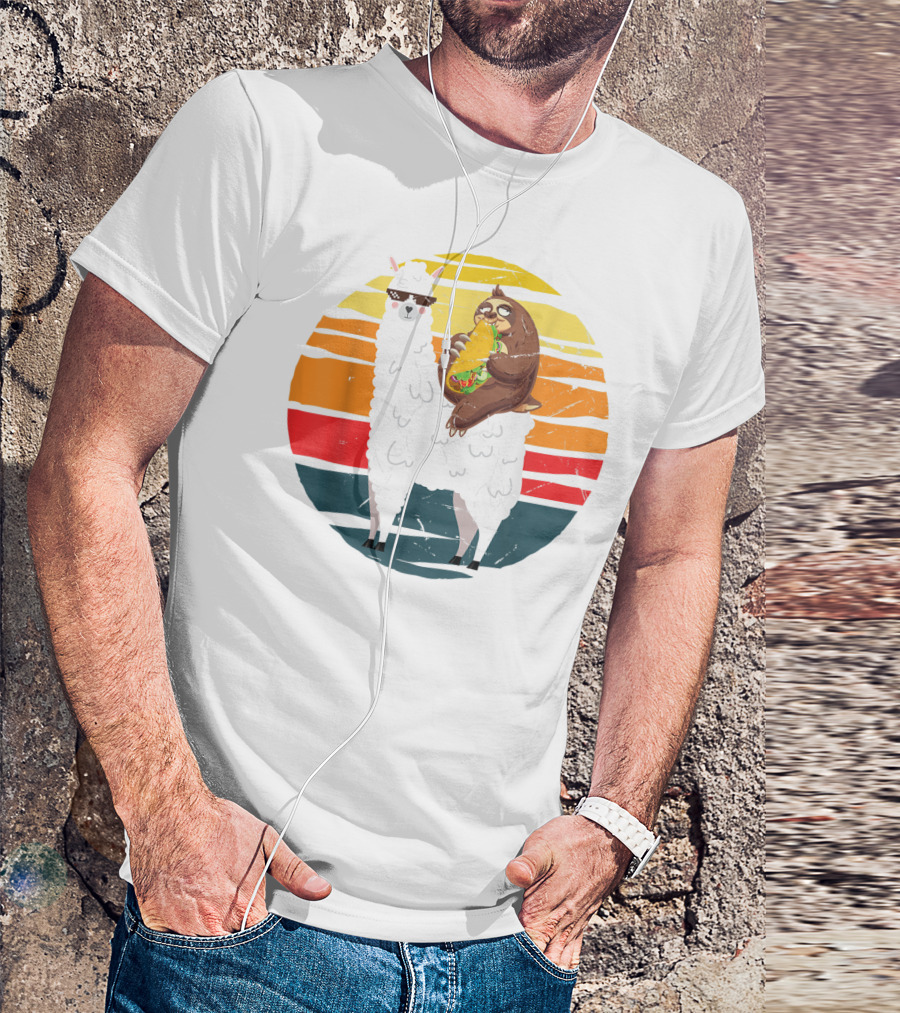 Llama And Sloth Enjoying Large Taco In Retro Sunset Stripes T-Shirt