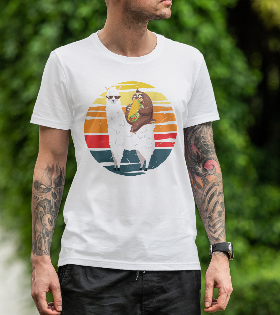 Llama And Sloth Enjoying Large Taco In Retro Sunset Stripes T-Shirt
