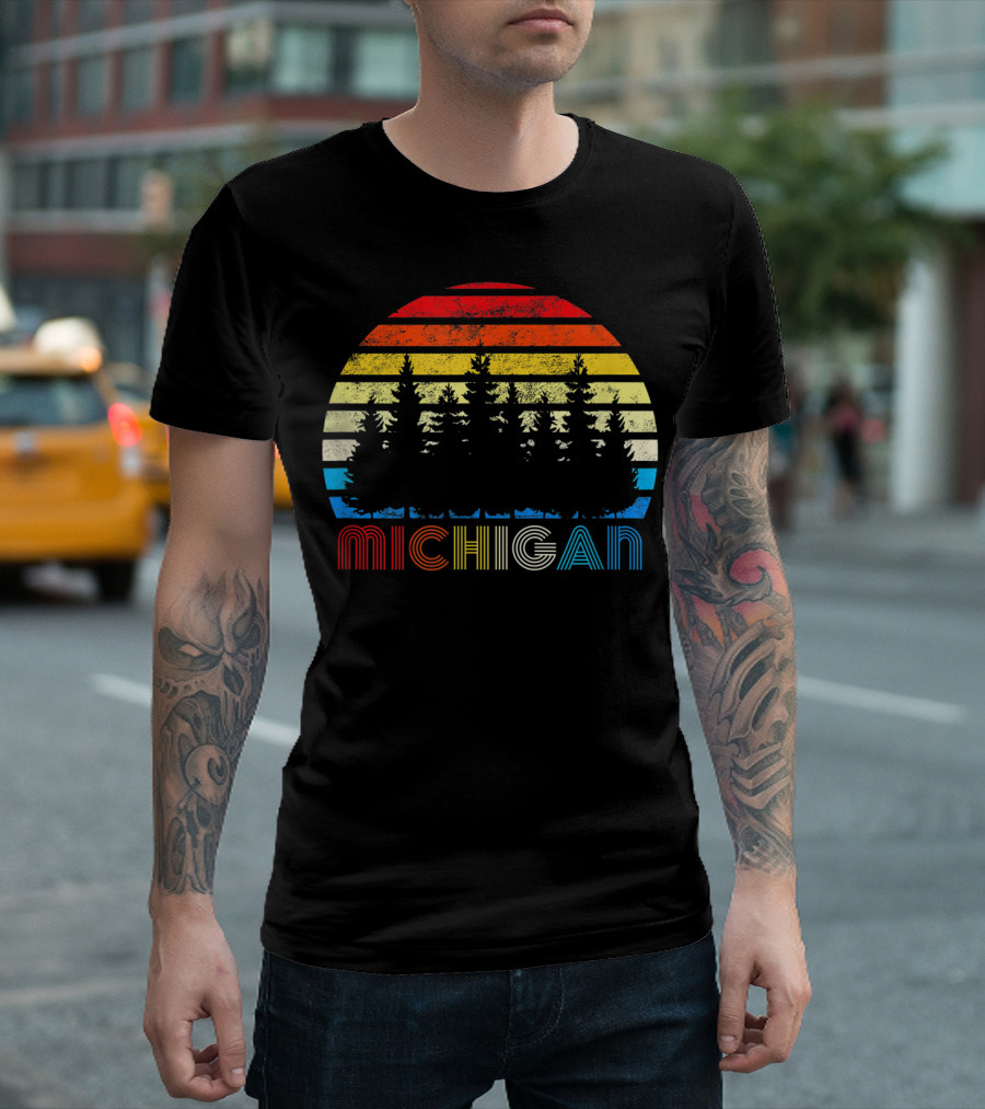 Michigan Sunset Forest Michigander Striped Outdoor Hiking Scene T-Shirt