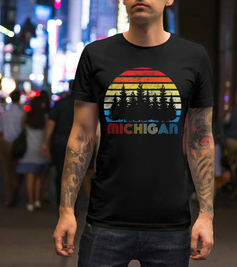Michigan Sunset Forest Michigander Striped Outdoor Hiking Scene T-Shirt