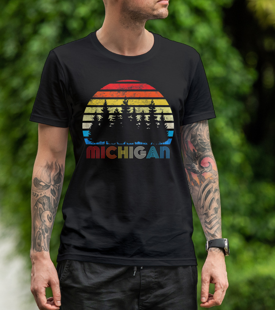 Michigan Sunset Forest Michigander Striped Outdoor Hiking Scene T-Shirt
