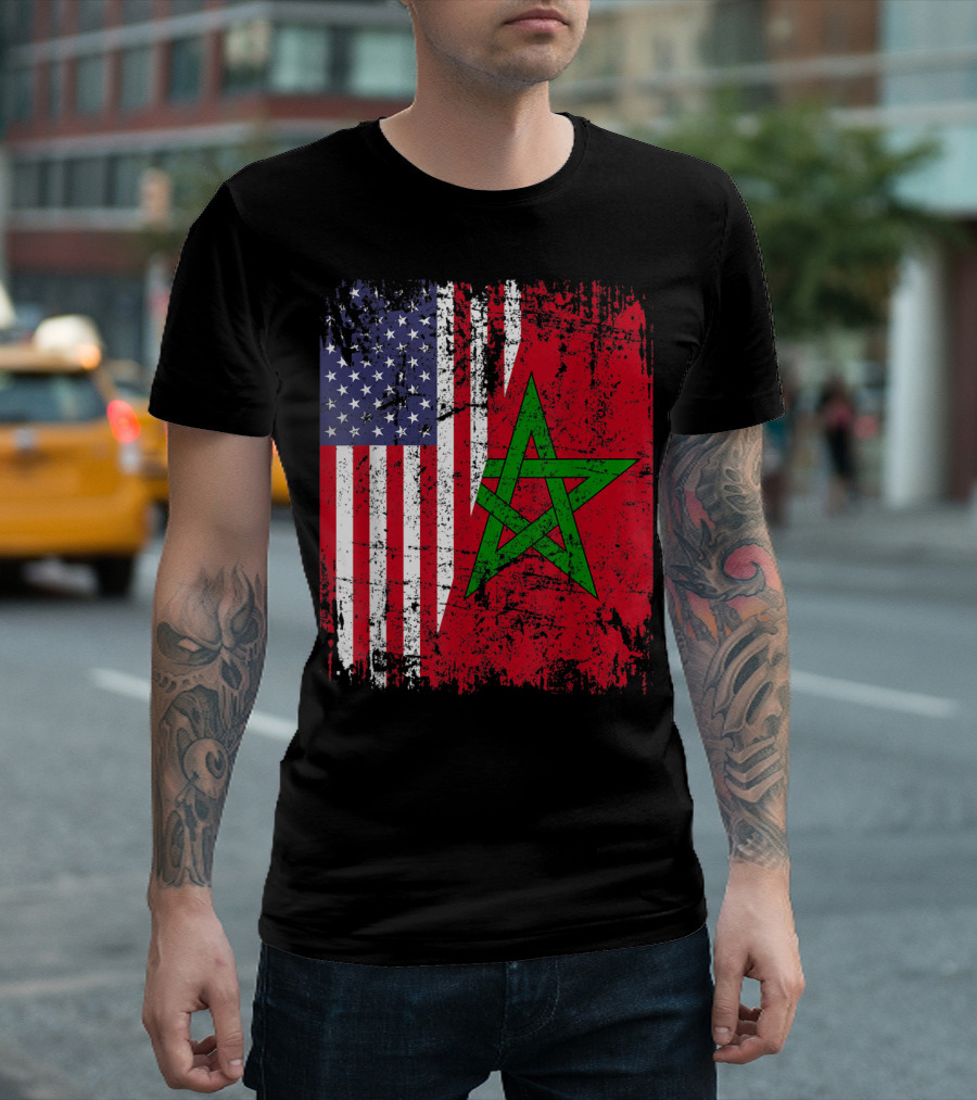 MOROCCAN ROOTS Half American Flag Morocco Flag T-Shirt