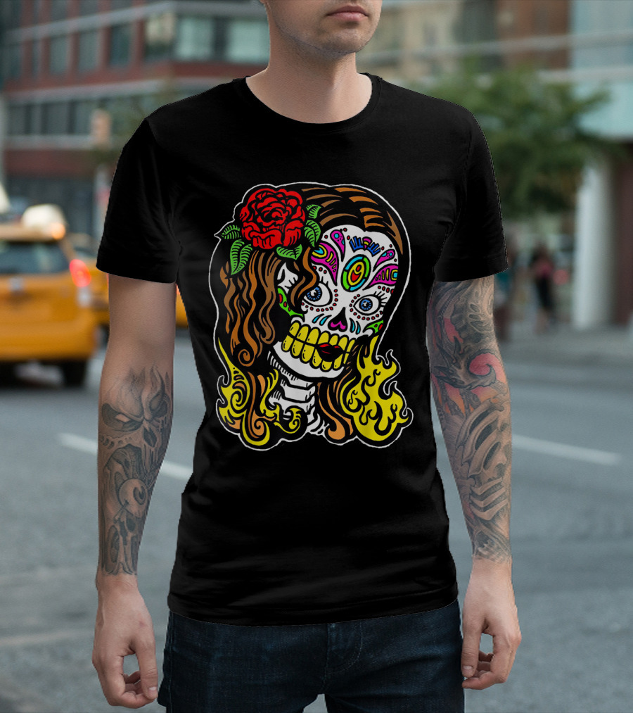 Sugur Skull Colorful Dia de los Muertos Rose Flames T-Shirt