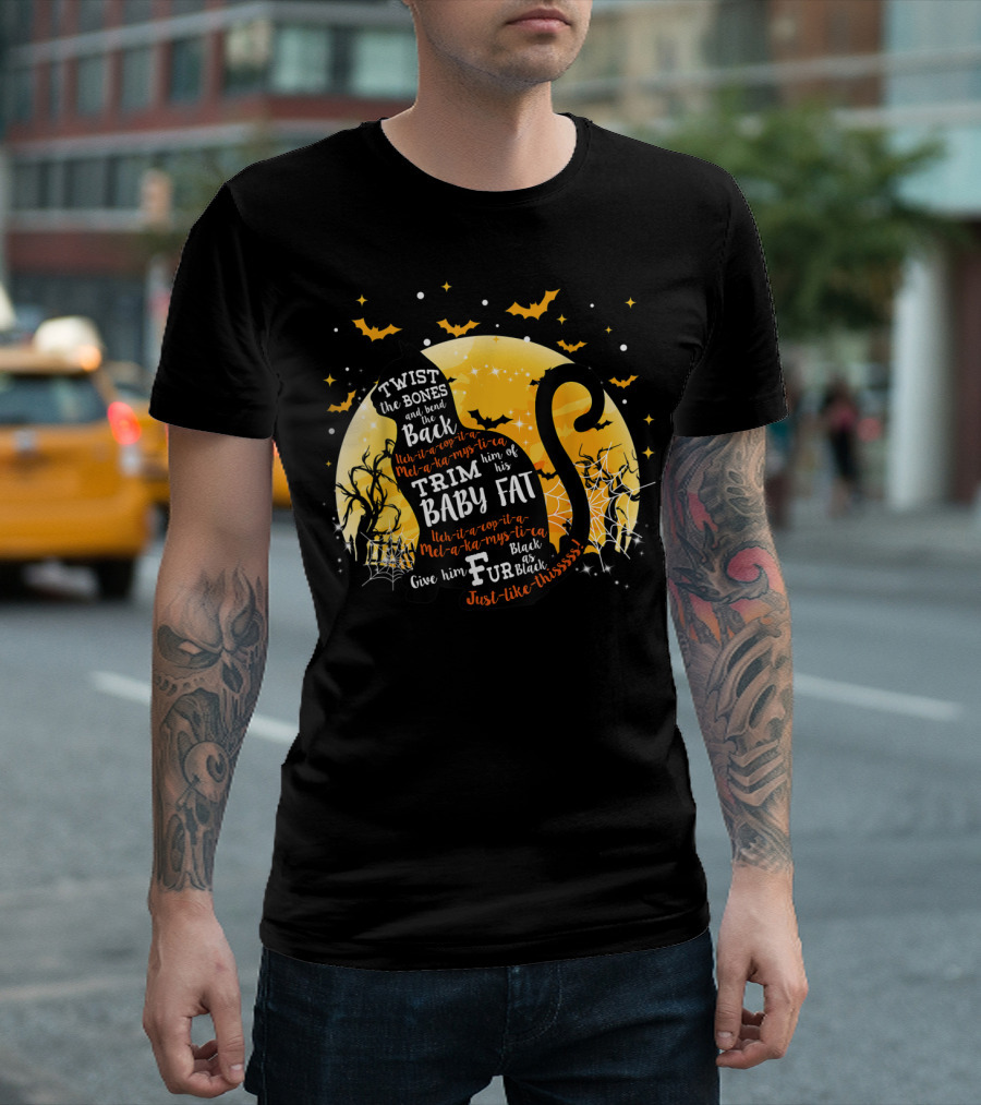 Twist The Bones And Bend The Back Cat Trim Baby Fat Halloween Moon Bats Spooky Text T-Shirt