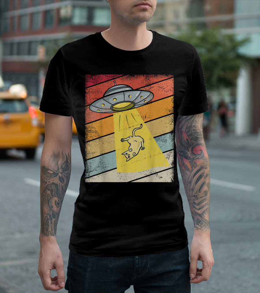 Retro UFO Beaming Up Cat Alien on Vintage T-Shirt