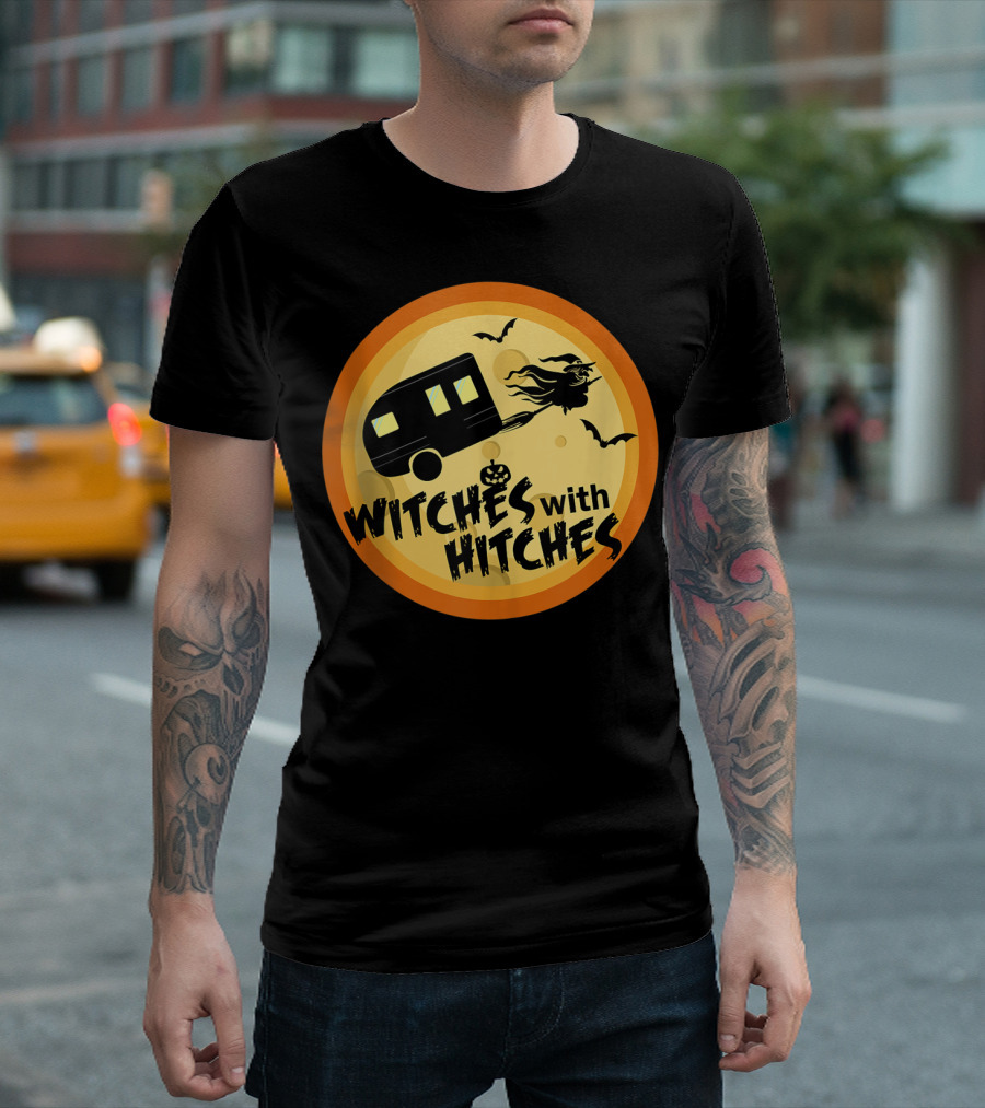 Witches With Hitches Halloween Trailer Moon Bats T-Shirt