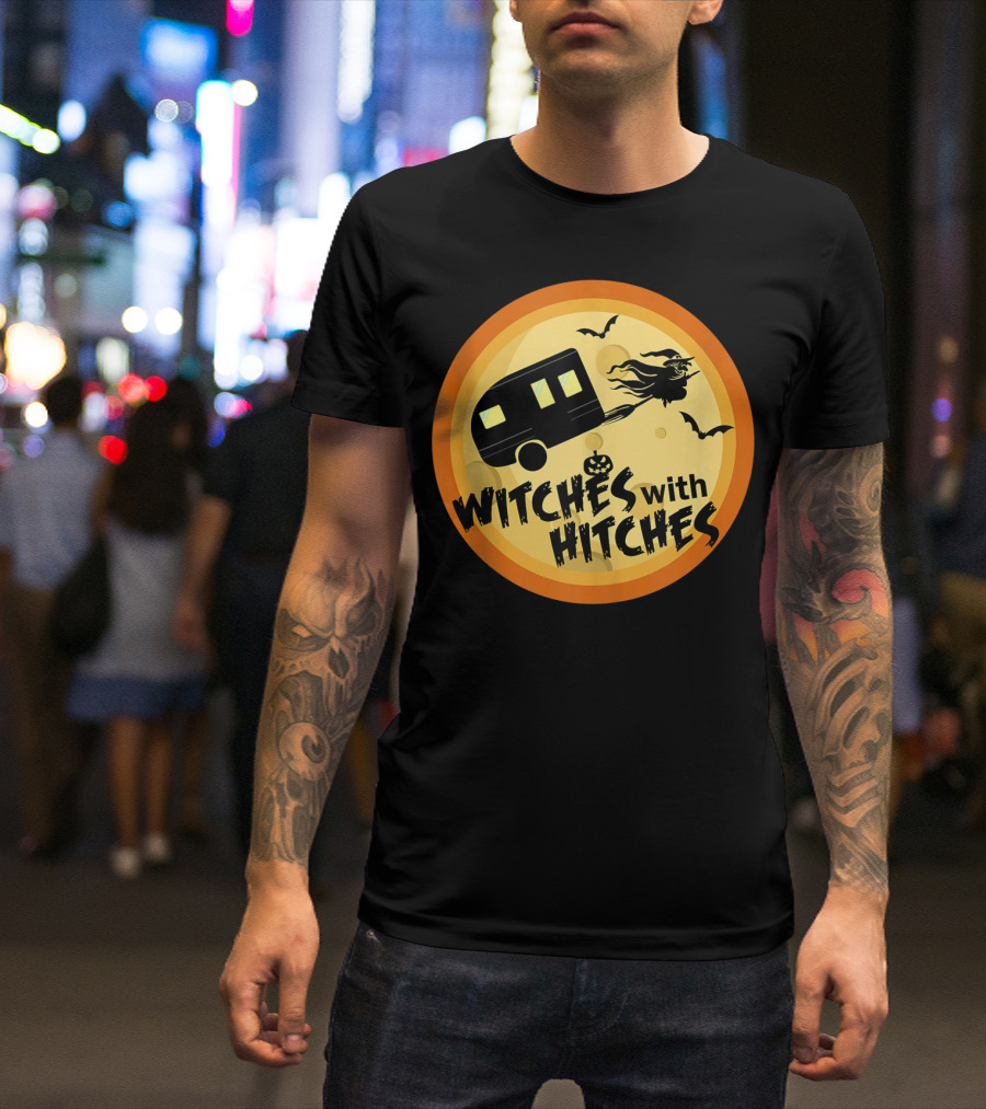 Witches With Hitches Halloween Trailer Moon Bats T-Shirt