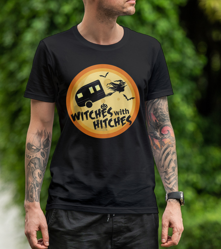 Witches With Hitches Halloween Trailer Moon Bats T-Shirt