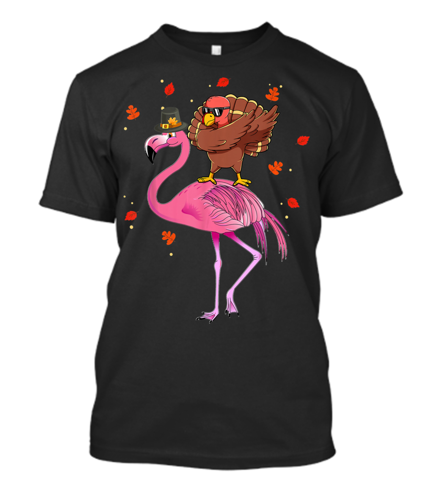 Dabbing Turkey In Pilgrim Hat On Flamingo With Autumn Leaves T-Shirt