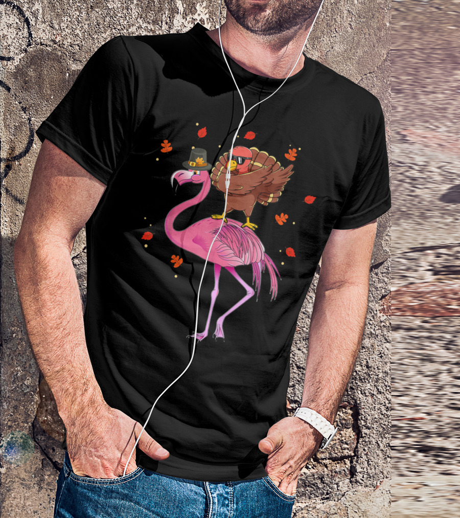 Dabbing Turkey In Pilgrim Hat On Flamingo With Autumn Leaves T-Shirt
