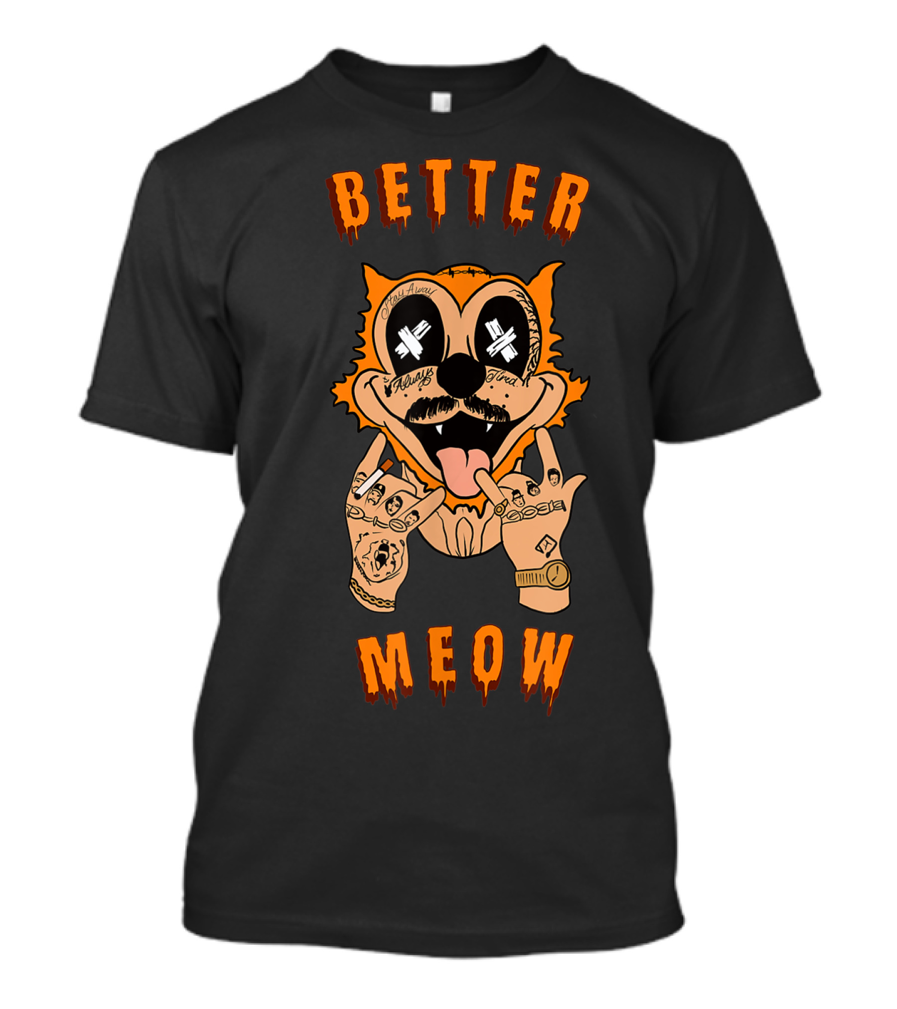 Better Meow Cartoon Cat With Rockstar Tattoos And Funny Pun T-Shirt