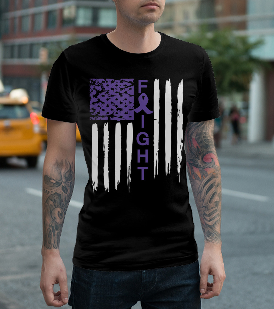 Fight Alzheimer's Awareness Support Purple Ribbon American Flag T-Shirt