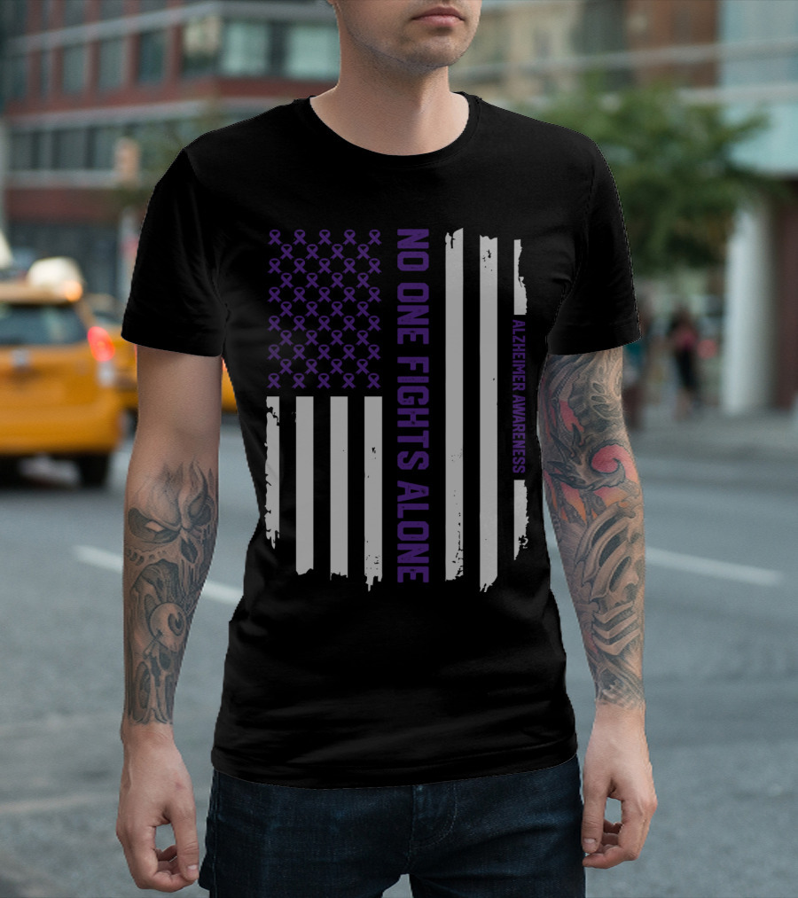 No One Fights Alone Alzheimer's Awareness Purple Ribbon flag T-Shirt
