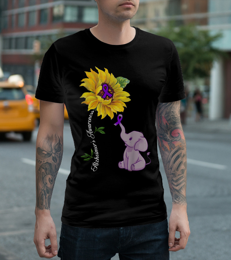 Alzheimer's Awareness Purple Ribbon Sunflower and Elephant T-Shirt