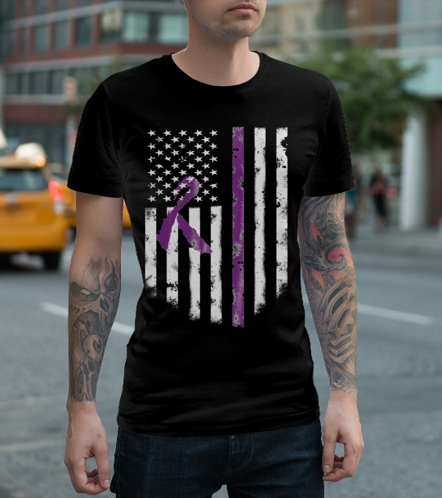 American Flag with Purple Alzheimer's Awareness Ribbon T-Shirt