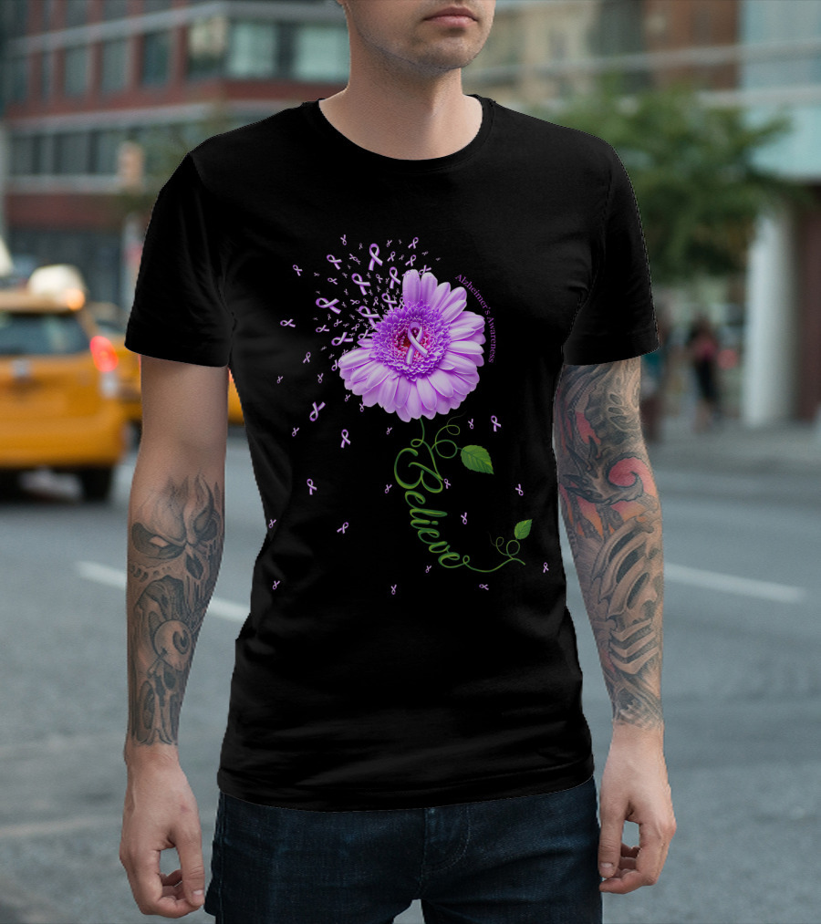 Believe Alzheimer's Awareness Purple Daisy Flower T-Shirt