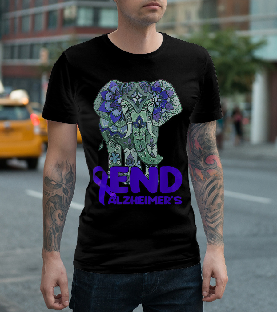 End Alzheimer's Elephant Ribbon Floral T-Shirt