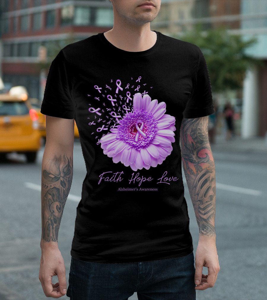 Faith Hope Love Alzheimer's Awareness Purple Ribbon Flower T-Shirt