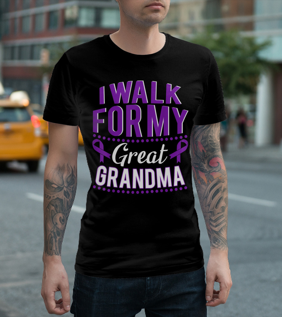 I Walk For My Great Grandma Alzheimer's Awareness Purple Ribbons T-Shirt