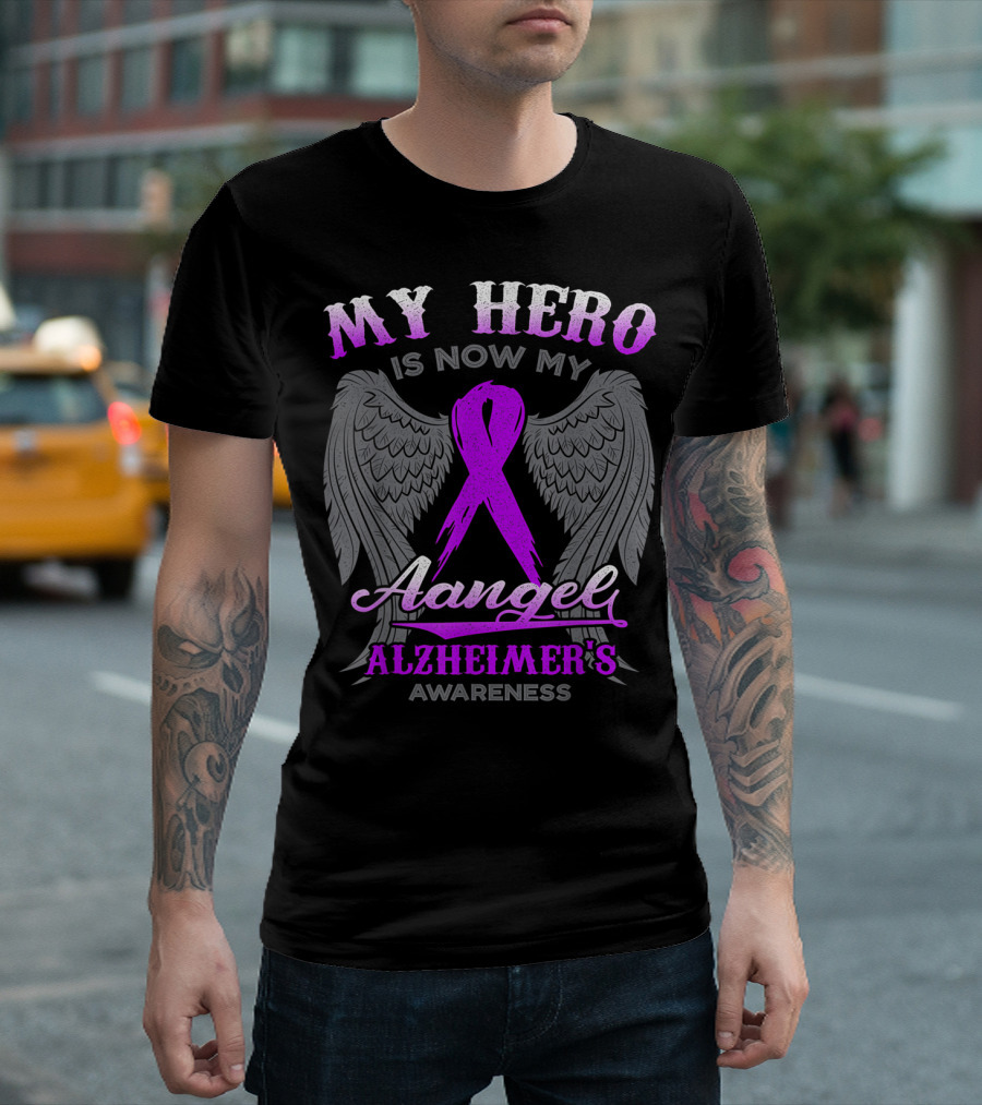 My Hero Is Now My Angel Alzheimer's Awareness Wings Purple T-Shirt