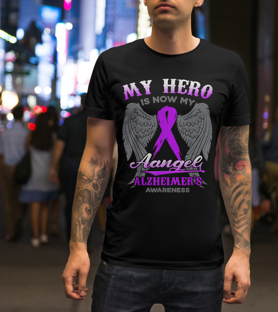 My Hero Is Now My Angel Alzheimer's Awareness Wings Purple T-Shirt