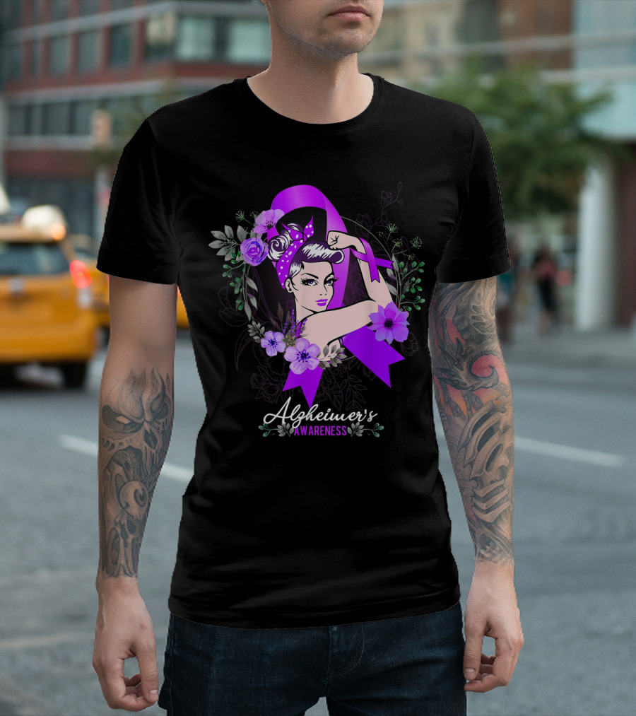 Alzheimer's Awareness Purple Ribbon Floral Rosie the Riveter T-Shirt