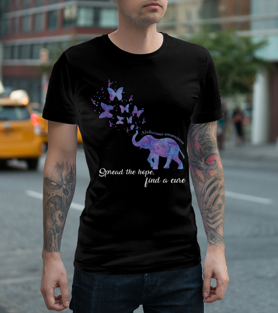 Alzheimer Awareness Elephant and Butterflies Spread the Hope Find a Cure T-Shirt