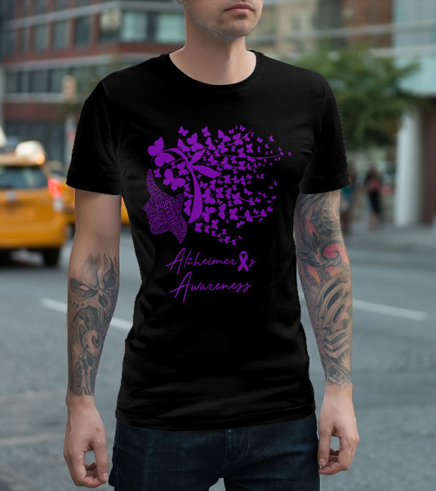 Alzheimer's Awareness Hope Strength Support Courage Memories Ribbon Butterflies T-Shirt