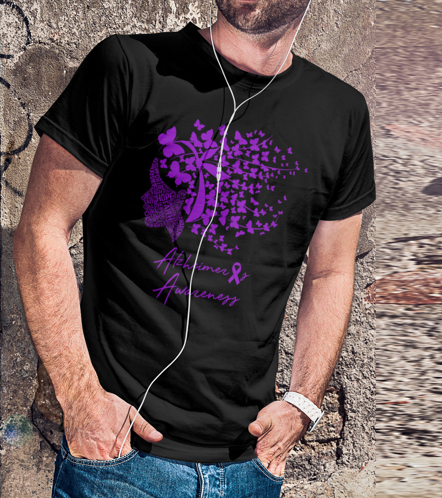 Alzheimer's Awareness Hope Strength Support Courage Memories Ribbon Butterflies T-Shirt