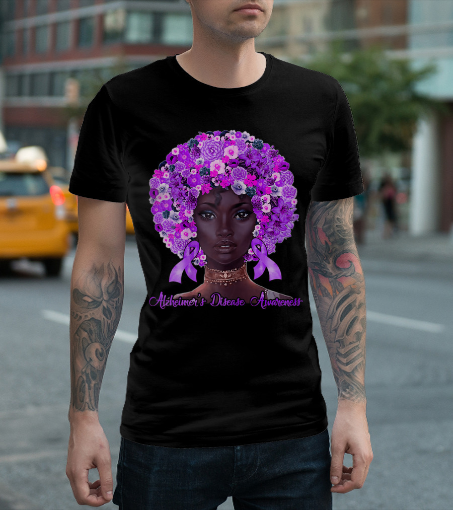 Alzheimer's Disease Awareness Flowers Afro Hair Black T-Shirt
