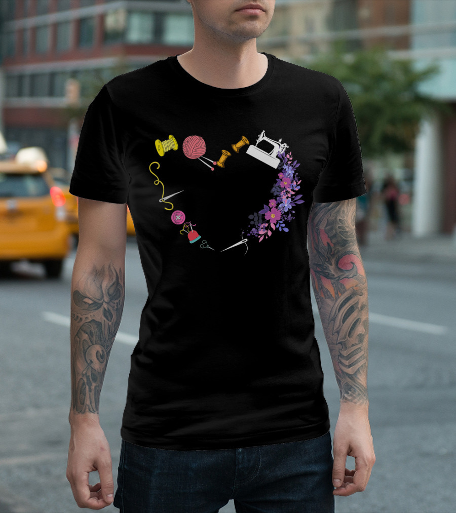 Love Heart Sewing Machine Quilting Flower Funny T-Shirt