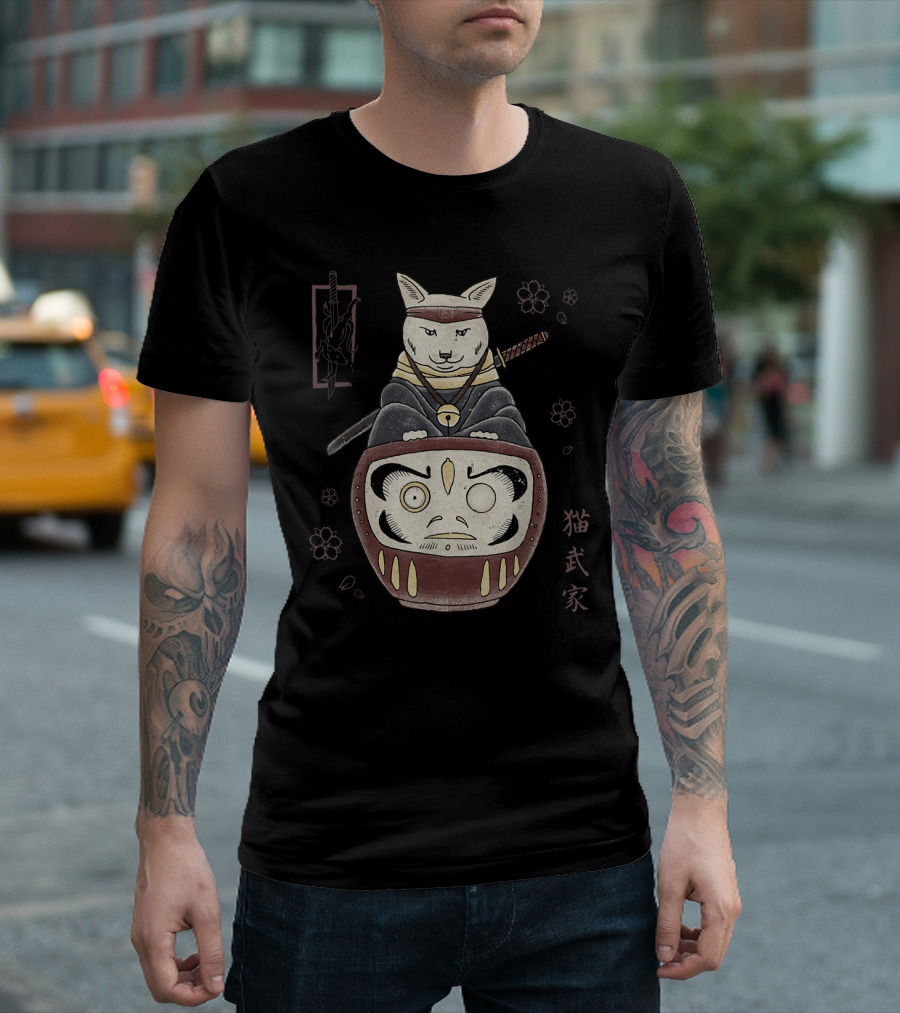 Japanese Samurai Ninja Cat Sword Daruma Doll T-Shirt