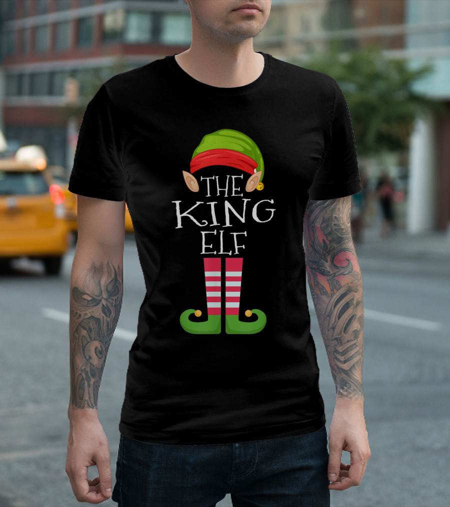 The King Elf Christmas Costume Design With Striped Socks And Festive Hat T-Shirt