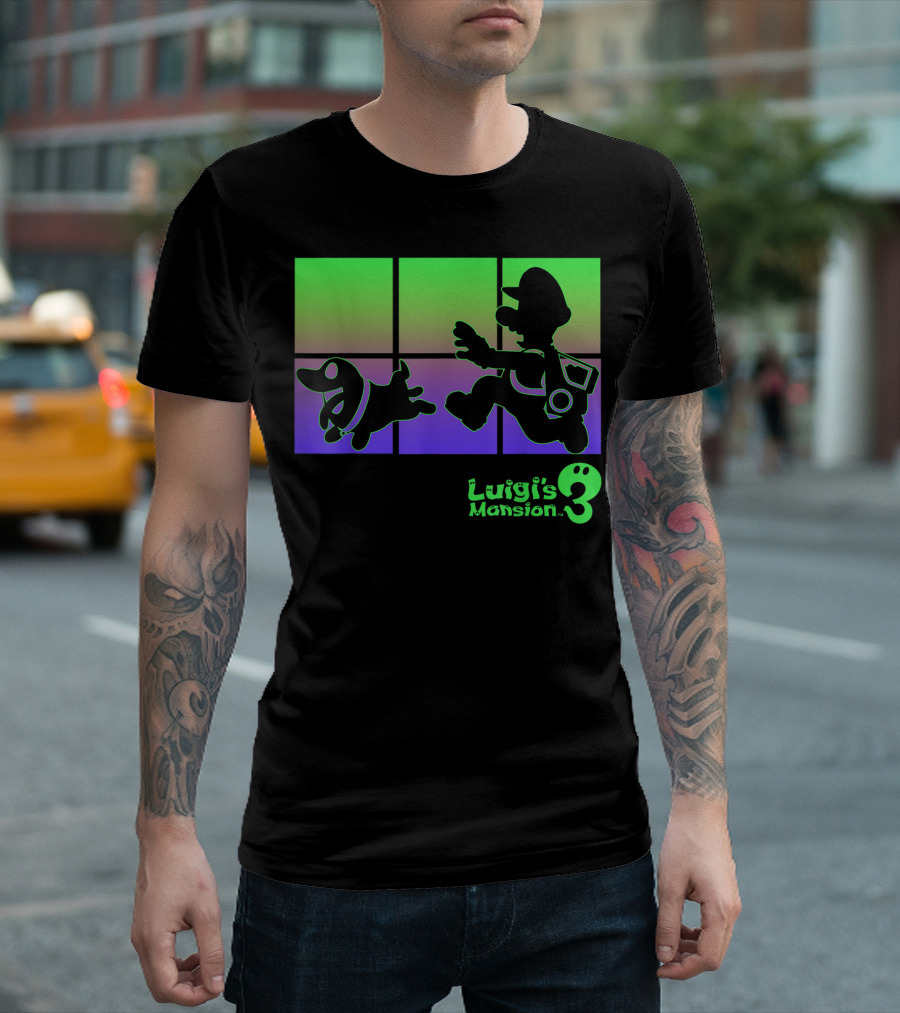 Luigi's Mansion 3 Luigi and Polterpup Silhouette Green and Purple Window T-Shirt