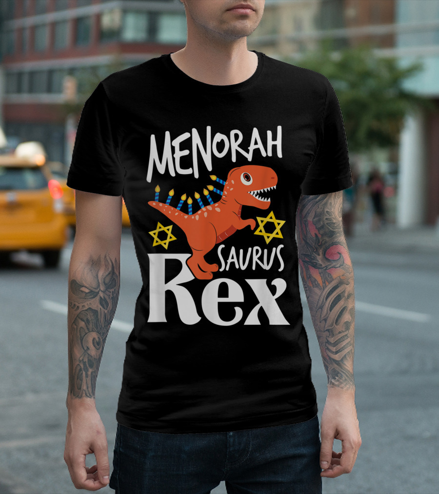 Menorah Saurus Rex Cute Hanukkah Tyrannosaurus with Star of David T-Shirt