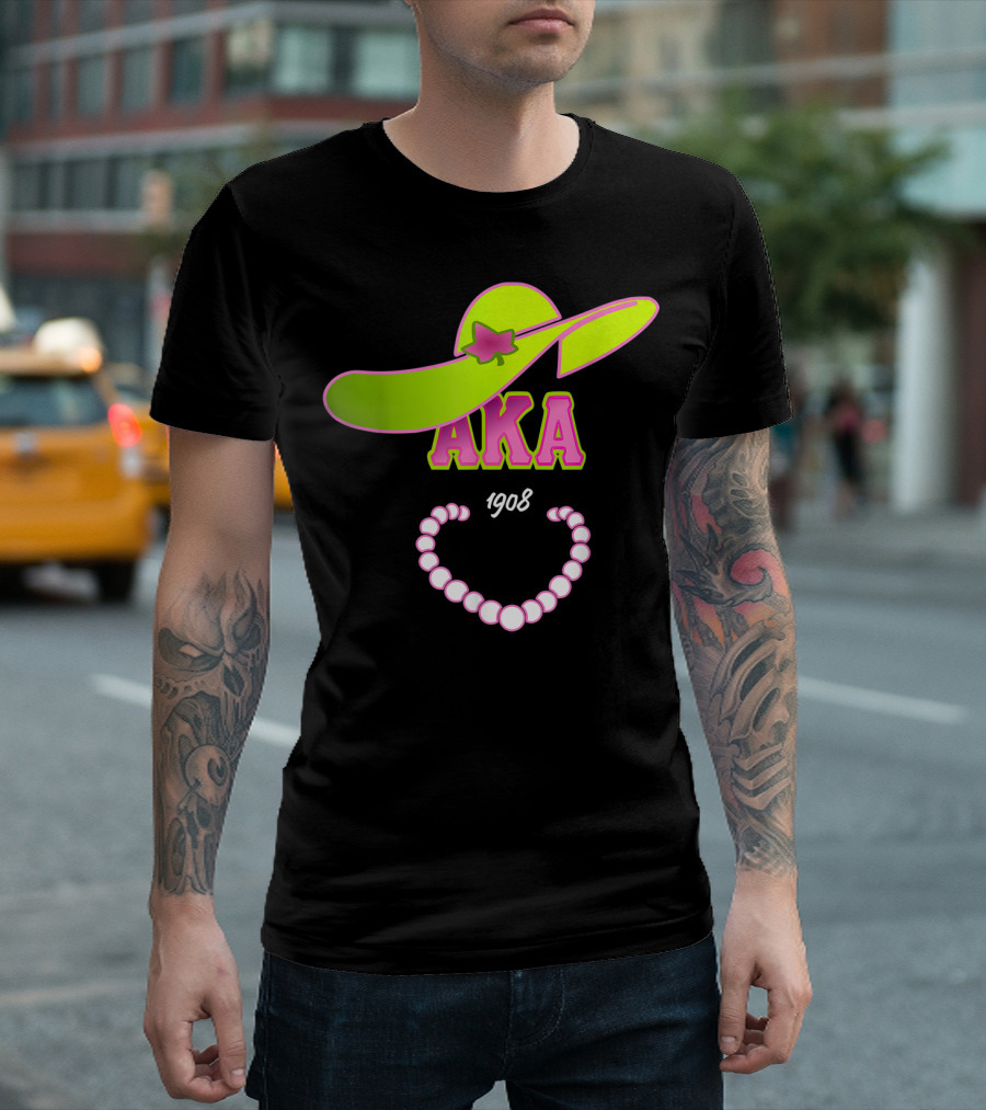 AKA 1908 Pink Green Hat Pearl Necklace Mens Fashion Paraphernalia T-Shirt
